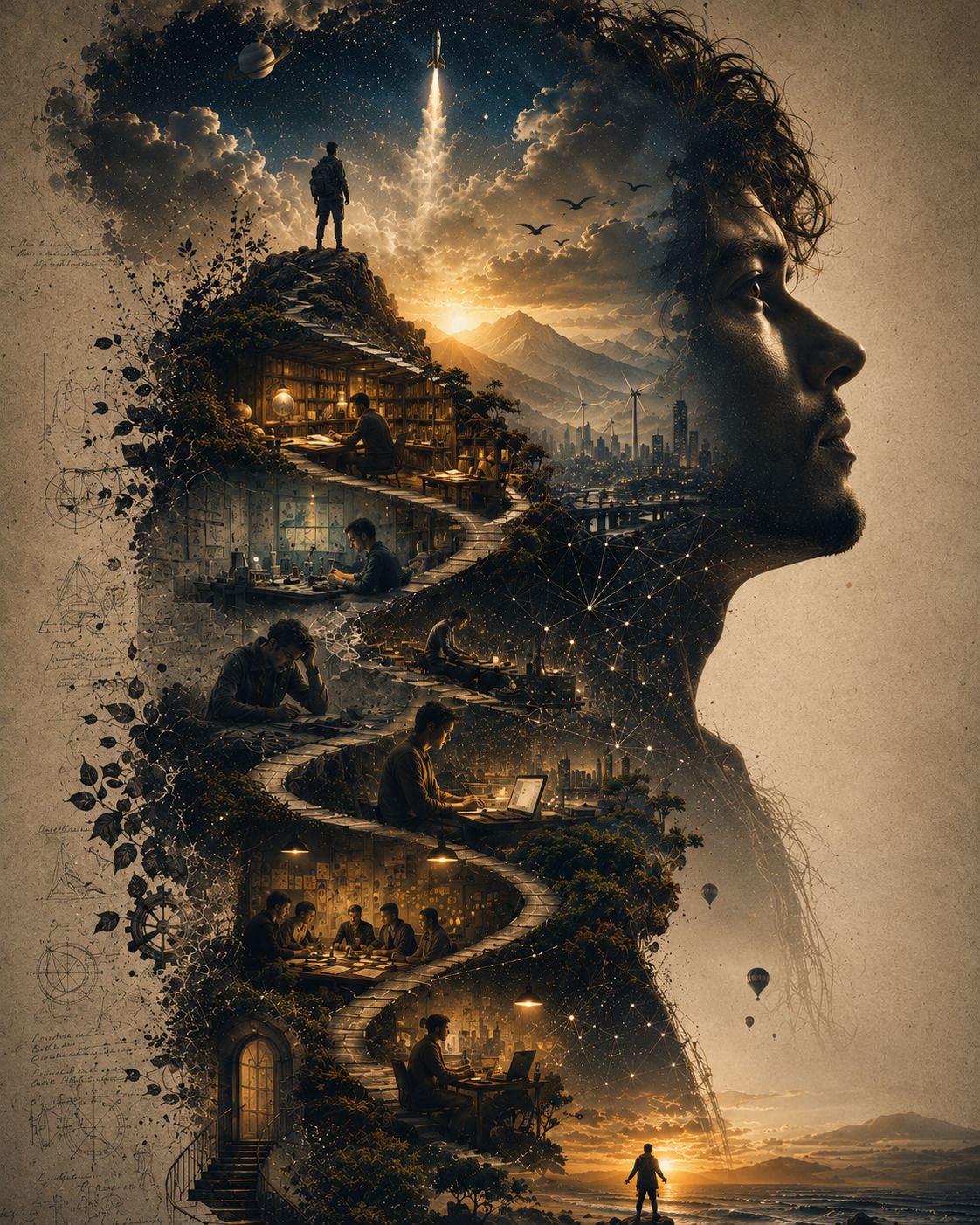 A figure's journey depicted as a path through stages of discovery
