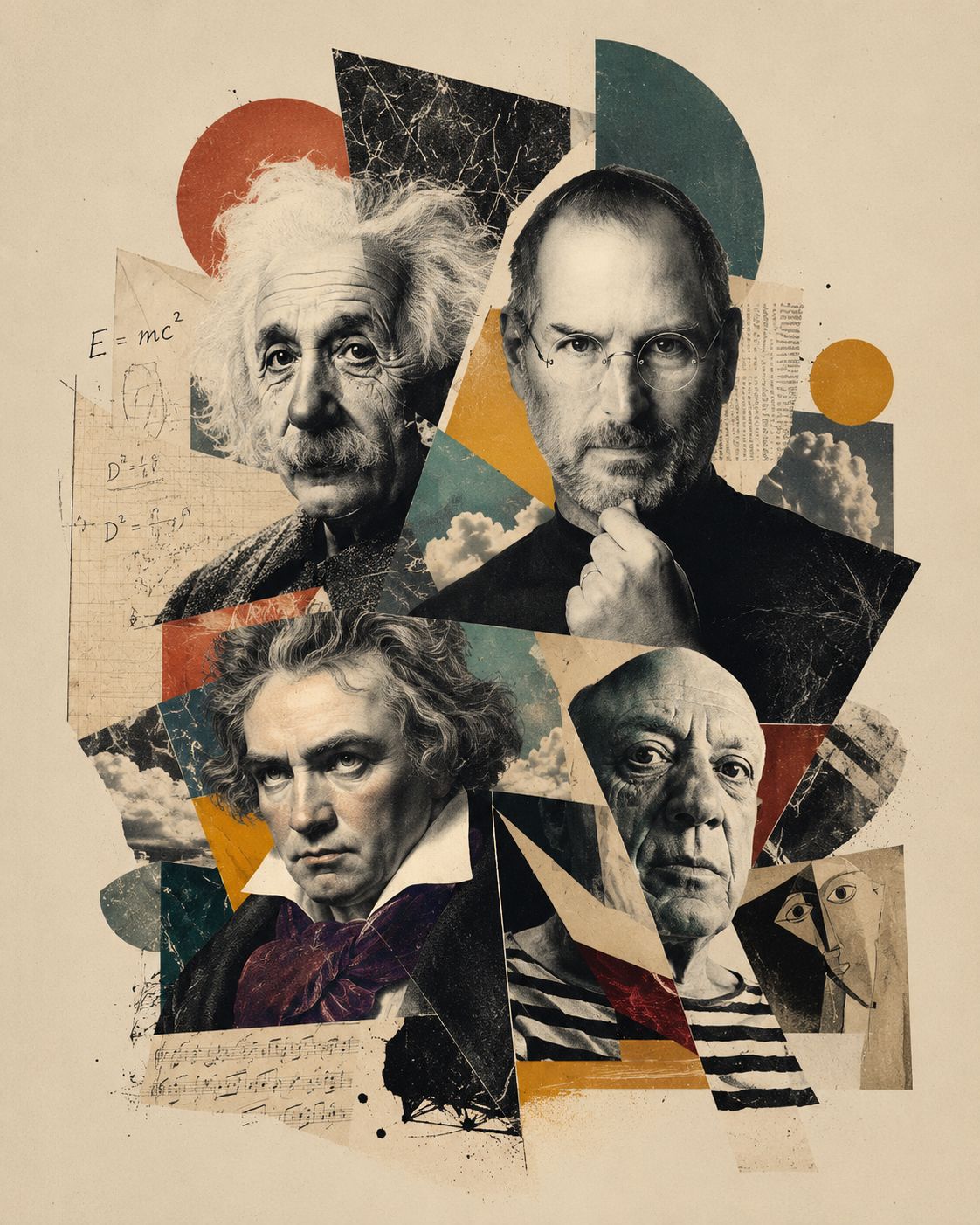 Portraits of creative and scientific figures in a collage